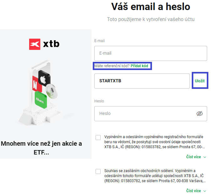 Políčko pro zadání referenčního kódu STARTXTB ve formuláři registrace XTB